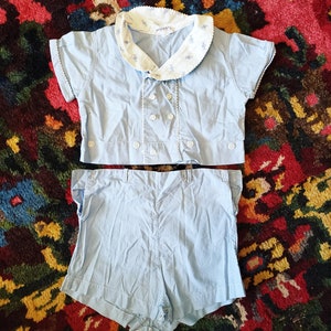 Adorable 1960s baby Blue onesie Romper Shirt and Shorts Set