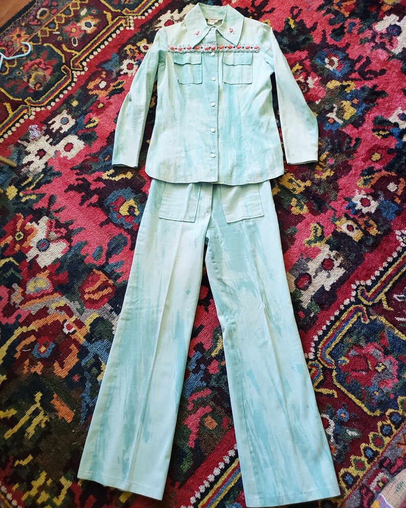 A M A Z I N G 1970s Green Jacket Pant Tie Dye Glam Pant Suit Etsy
