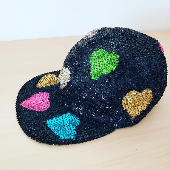 Vintage 1980s 1990s Black Sequins Heart Glam Hat - image 6