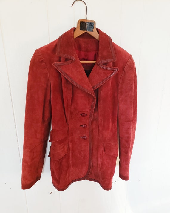 Vintage 1970s Red Burgundy Suede Leather Coat Jac… - image 2