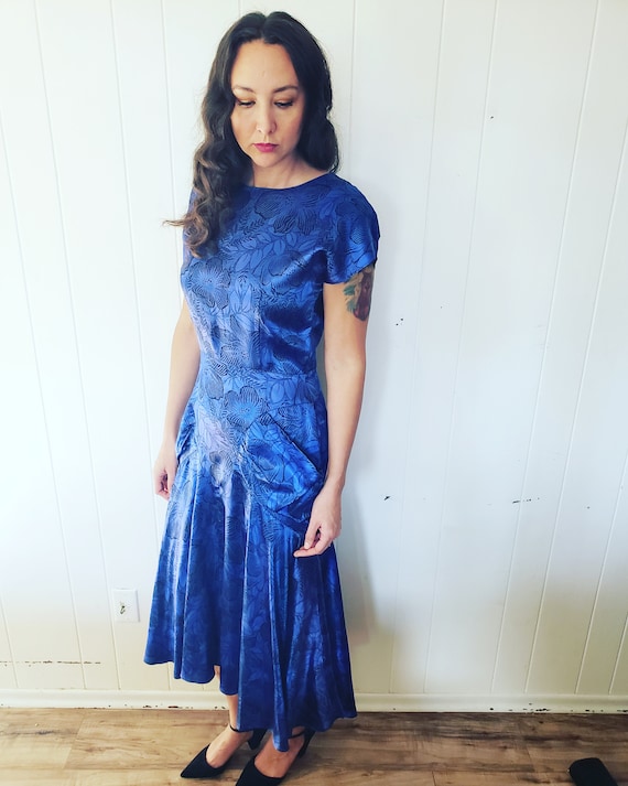 GoRgEoUs Vintage Blue Floral Swing Party Dress - image 1