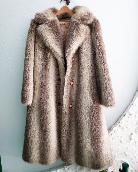 CoOl 1970s 1960s Cream Brown Striped Faux Fur Coat - image 2