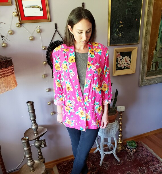 Vintage 1990s Bright Pink Yellow Floral Jacket Bl… - image 4