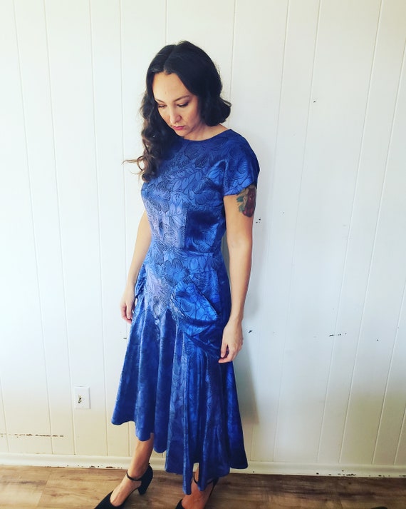 GoRgEoUs Vintage Blue Floral Swing Party Dress - image 3