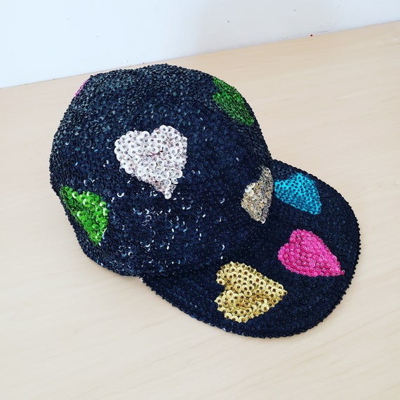 Vintage 1980s 1990s Black Sequins Heart Glam Hat - image 2