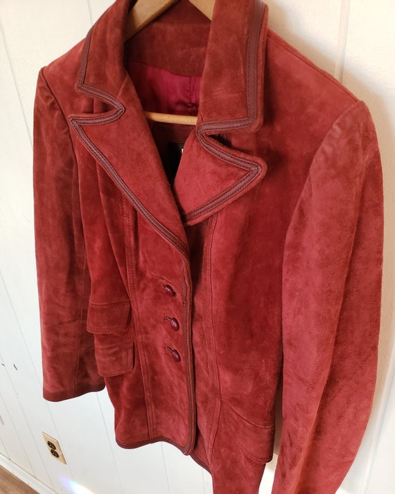 Vintage 1970s Red Burgundy Suede Leather Coat Jac… - image 5