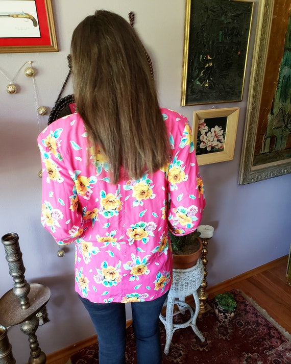 Vintage 1990s Bright Pink Yellow Floral Jacket Bl… - image 3