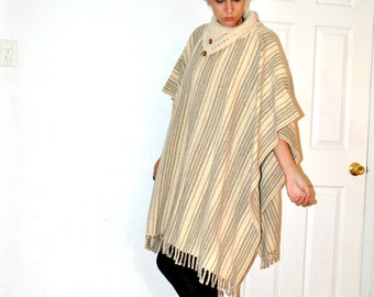 Vintage 1970s Hippie Striped Wool Mexican Blanket Poncho Jacket