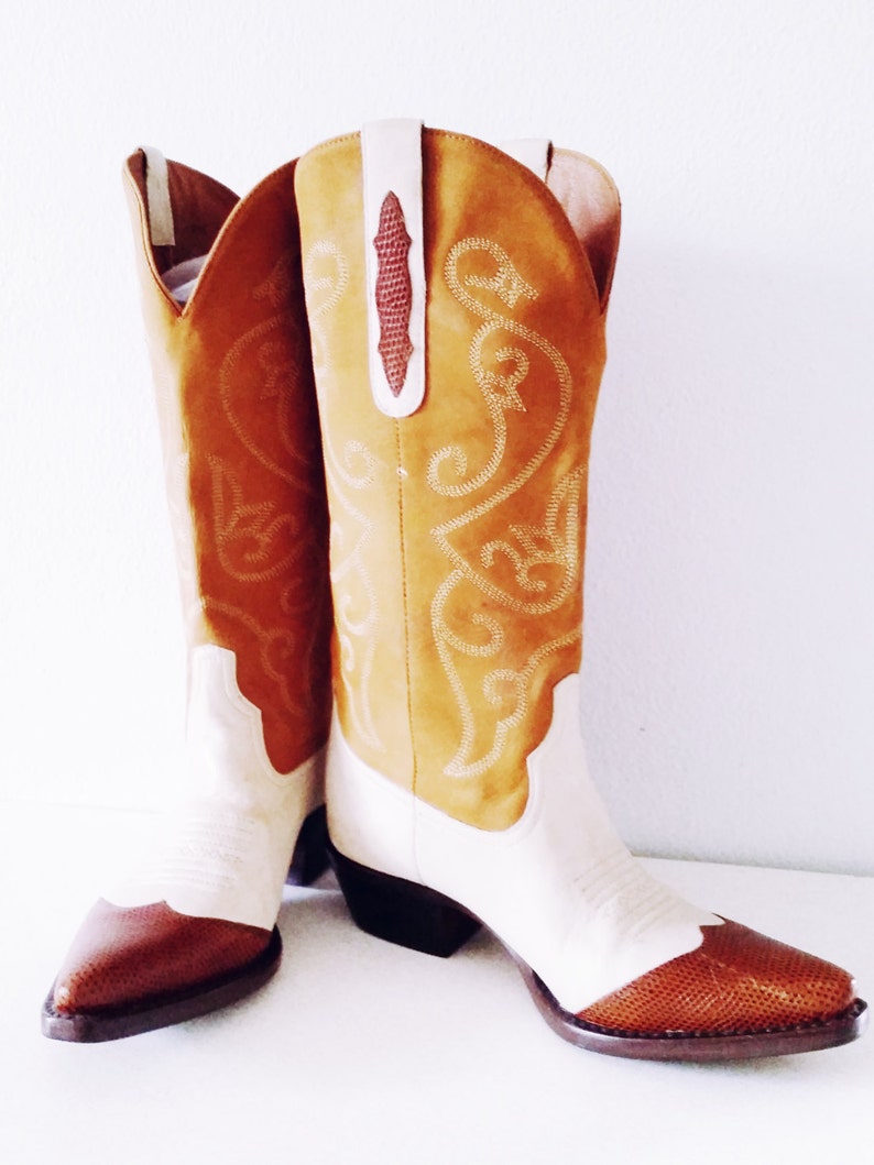 Amazing Vintage 1970s Designer NINE WEST White Brown Leather Cowboy Boots