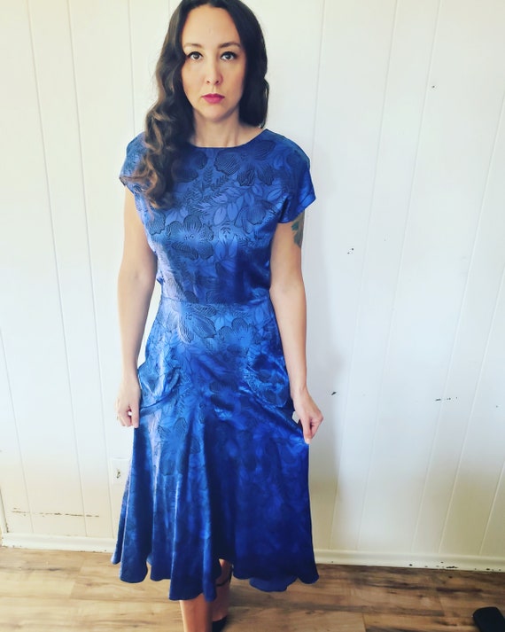 GoRgEoUs Vintage Blue Floral Swing Party Dress - image 6