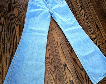Amazing Vintage 1970s High Waisted Hippie Gear up piped trimmed Bell Bottom Blue Denim Jean Pants