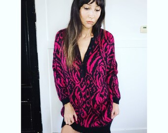 Awesome 1980s OverSized Dramatic Pink and Black Sweater Dress
