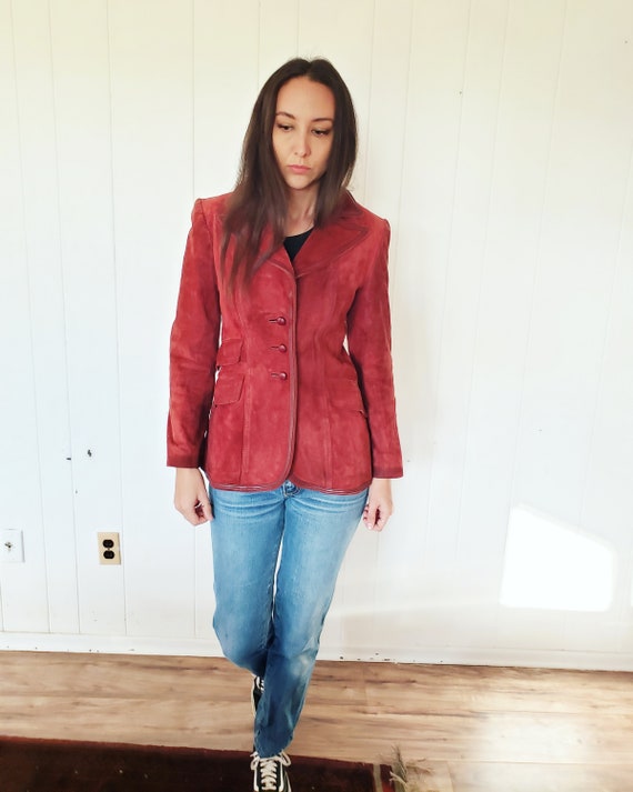 Vintage 1970s Red Burgundy Suede Leather Coat Jac… - image 8