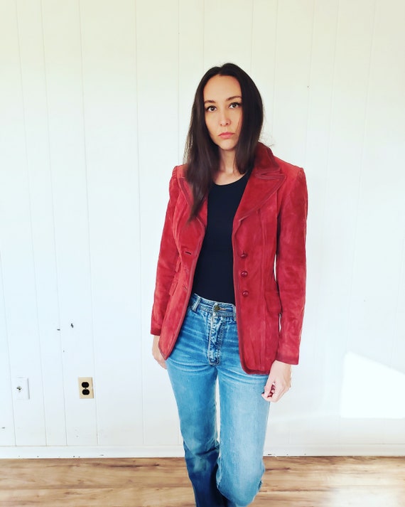 Vintage 1970s Red Burgundy Suede Leather Coat Jac… - image 1