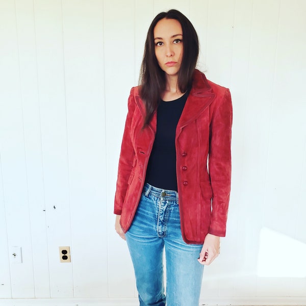 Vintage 1970s Red Burgundy Suede Leather Coat Jacket