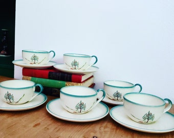 Vintage 1950s 1960s Teal Blue Green Tree BROCK Tea Cups Saucer Tea Set