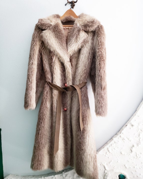 CoOl 1970s 1960s Cream Brown Striped Faux Fur Coat - image 5