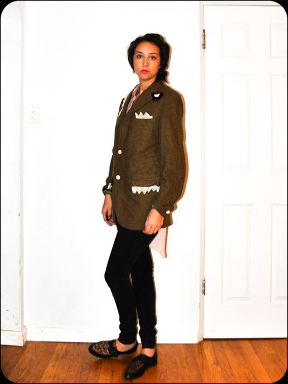 Upcycled Repurposed Velvet Lace Olive Green Blazer