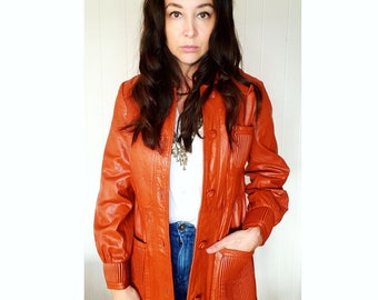 A M A Z I N G 1970s Orange Brown Striped Ribbed Leather Hippy Boho Coat Jacket Coat