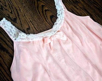 Pretty Peach Pink white Vintage Sears Lace Nighty Lingerie Nightgown