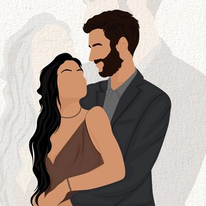 May include: Digital illustration of a couple embracing. The woman wears a brown dress and a necklace, while the man is in a gray shirt and a dark blazer. A shadow of a couple is in the background.