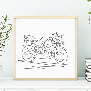 May include: A black and white line drawing of a motorcycle. The motorcycle is drawn in a single continuous line.