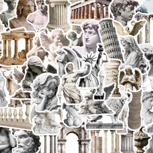 May include: A selection of white and beige stickers showcasing classical sculptures, architectural features, and famous landmarks. The stickers include busts, angels, columns, and the Statue of Liberty, providing a vintage aesthetic.