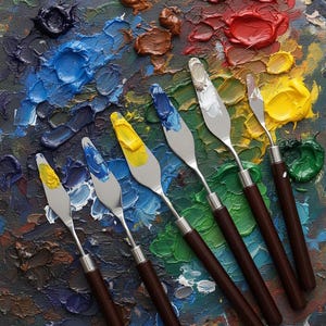 May include: An overhead shot of a painter's palette with various colors of oil paint and several palette knives. The palette knives have wooden handles and silver blades, each with a different color of paint on the blade.