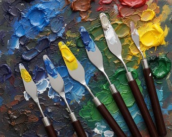 Juego de 7 espátulas artísticas, herramientas de raspado de acero inoxidable y madera para pintura, juego mezclador de óleo, acrílico y gouache, cuchillos para texturas artísticas.