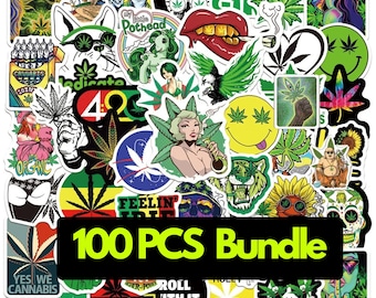 100 Stück Lustige Unkraut-Aufkleber | Hanf Blatt rauchende Cartoon Aufkleber für Skateboard Gitarre Koffer Laptop | Wasserdichtes Graffiti-Pack