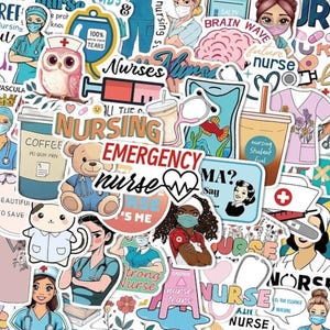 May include: A selection of vibrant stickers with a nursing theme. The stickers depict nurses, medical tools, and phrases such as "Emergency Nurse" and "Nursing Student Fuel." Other stickers include an owl, a teddy bear, and coffee cups.