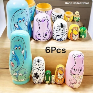 Juego de 6 muñecas de madera con forma de elefante para anidar. Hechas a mano: elefante, león, cebra, cocodrilo y rinoceronte. Muñecas de dibujos animados.