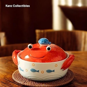 Cuenco de cerámica hecho a mano con forma de cangrejo y pez globo con tapa – Cuenco para ramen, sopa y cereales de 600 ml – Cuenco apto para microondas – Cuenco para sopa con dibujos animados – Regalos de cangrejo