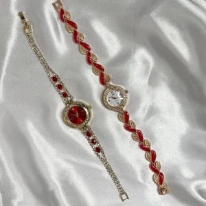 Ensemble de montres bracelet vintage rouge et or, cadeau bijoux élégant pour femme, montres-bracelets classiques en émail et strass, duo de montres à quartz de luxe