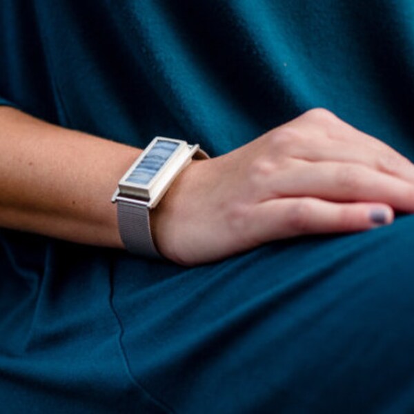 Woman's Wide Silver Fit Bit Bracelet - Silver & Agate Fitbit Flex of Flex 2 Tracker Holder w Adjustable Stainless Steel Watch Band for Women