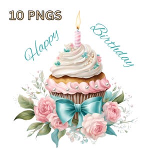Geburtstag Cupcake Clipart PNG Bundle | Kuchen Pngs | 10 süße Geburtstag Cupcake Clipart, transparenter Hintergrund, Aquarell Clipart, 10er-Set