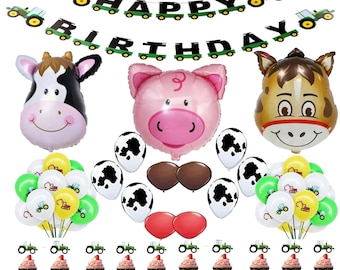 Kit di decorazioni per feste di compleanno a tema fattoria: striscione con trattore, palloncini a forma di animali, decorazioni per cupcake