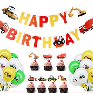 May include: Construction vehicle themed birthday party decorations. A banner with the words "Happy Birthday" in yellow, red, and orange letters.  A set of 12 cupcakes with construction vehicle toppers. A set of 12 balloons in green, white, and yellow with construction vehicle designs.