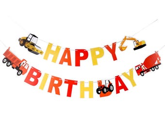 Banner de feliz cumpleaños con temática de construcción, excavadoras y constructores.