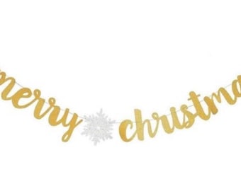 Gold Glitter Merry Christmas Banner: Snowflake Garland, Festive Bunting