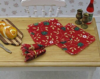 Dollhouse Miniatures, TWO NAPKINS with Napkin Rings Included, Christmas Fabric, Table Napkins, Tiny, Table Linens, 1:12 Scale - Set of Two