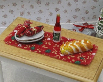 Miniatuur poppenhuis tafelkleed, tafelloper, landelijke keuken, landhuis, boerderij tafel, schaal 1:12, rood, groen witte bloemen