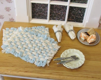 TWO Miniature HANDWOVEN Placemats, Farmhouse Chic, Cotton, Reversible, Dollhouse Dining, Country Kitchen, Table, Place Mats, 1:12 Scale