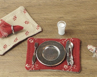 Two Miniature Reversible Placemats & Two Napkins with Napkin Rings, Dollhouse, Miniature Table Setting, Place Mats, Set of TWO, 1:12 Scale