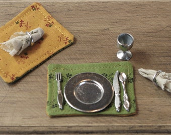 Two Miniature Reversible Placemats & Two Napkins with Napkin Rings, Dollhouse, Miniature Table Setting, Place Mats, Set of TWO, 1:12 Scale