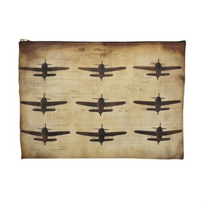 May include: A brown zippered pouch featuring a vintage design with nine brown airplanes arranged in a grid pattern. The background has a parchment-like appearance with faded script, creating a retro aesthetic.