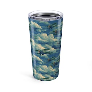 Vintage Cloudscape Tumbler - 20oz Travel Mug with Retro Airplane Art