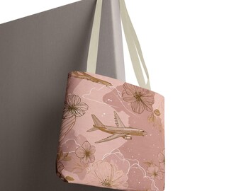 Personalized Pink and Gold Airplane Tote Bag, Dusty Rose Floral Aviation Print, Glam Gift for Female Pilot