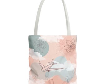 Personalized Pastel Airplane Tote Bag, Custom Name Flight Attendant Gift, Clouds and Flowers Travel Bag