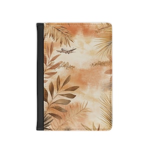 Étui pour passeport en cuir bohème coucher de soleil - feuilles tropicales et motif avion, cadeau portefeuille de voyage pour femme, accessoire d'aviation RFID
